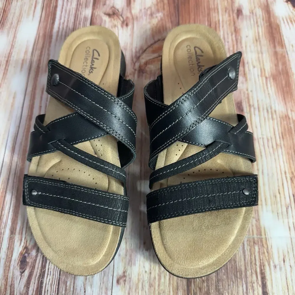 Clarks APRIL WILLOW Size 9 Black Leather Sandals Slides Comfort Open Toe Shoes - Picture 3 of 10